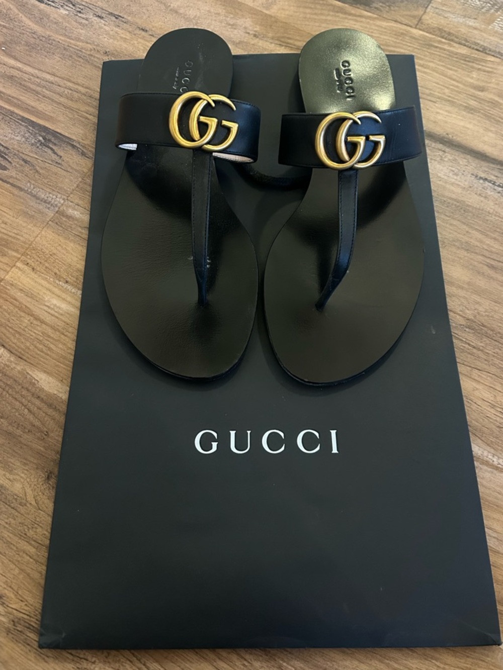 Gucci Double G Logo Leather T-Strap Sandals in Black, Women's US 7.5 | Euro 38